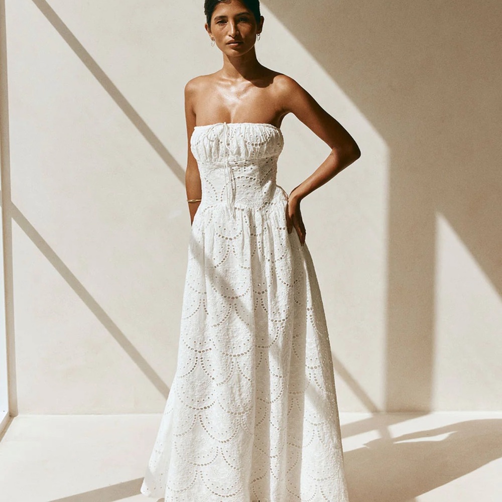 Strapless White Eyelet Midi Dress - Picture 2 of 5